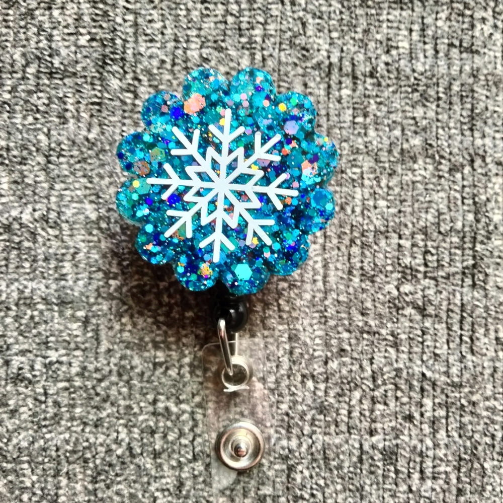Blue Snowflake Christmas Retractable Name Badge Reel ID Holder